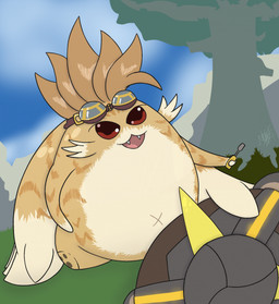 ambiguous_gender anthro eyewear eyewear_on_head eyewear_only fur goggles goggles_on_head goggles_only grass holding_object nude open_mouth open_smile outside plant shield smile solo tree watistaht xenoblade_(series) xenoblade_chronicles_2 tora_(xenoblade) nopon 2024 hi_res male_(lore)