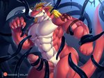 abs animal_genitalia annoyed anthro biceps big_muscles big_penis black_body blonde_hair butt captured duo erection genitals hair horn huge_penis imminent_sex male male/male muscular muscular_male pecs penis penis_tentacles red_body sheath simple_background tail tentacle_grab tentacles white_chest bna_v5 mugen mythology delga kuromaru dragon monster mythological_creature mythological_scalie scalie 4:3 absurd_res hi_res