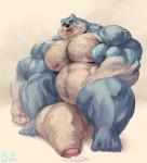 5_toes anthro balls big_muscles biped feet front_view genitals hair huge_muscles hyper looking_at_viewer male musclegut muscular muscular_anthro muscular_male nipples nude penis simple_background solo toes tongue tongue_out bluekumabox bear mammal 2017