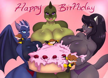 amber_eyes anthro big_breasts blue_body blue_eyes blue_lipstick blue_skin breast_size_difference breasts cake clothed clothing collarbone dessert eating eyebrows eyelashes eyes_closed female food frill_(anatomy) green_body green_skin group hair half-closed_eyes horn huge_breasts hyper hyper_breasts lipstick looking_at_viewer makeup membrane_(anatomy) membranous_wings narrowed_eyes non-mammal_breasts panties pink_background pink_lipstick purple_eyes red_lipstick simple_background size_difference smile tail text topless underwear wings ooo-belise-ooo mythology tulip_(rthc) chipmunk crocodile crocodilian domestic_cat dragon felid feline felis ground_squirrel mammal mythological_creature mythological_scalie reptile rodent scalie sciurid 2019 character_request english_text unavailable_at_source