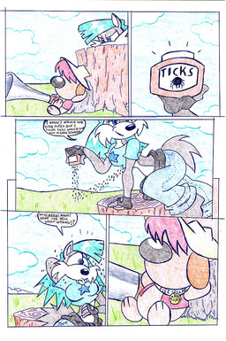 anthro blue_clothing blue_hair blue_shirt blue_topwear clothing collar duo female gun hair male outside ranged_weapon shirt speech_bubble text topwear weapon virus-20 wendy_wolf_(virus-20) canid canine canis domestic_dog mammal wolf 2008 comic