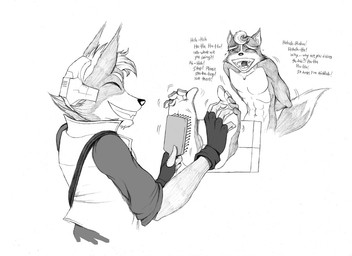 abs anthro asking asking_another asking_what asking_why barefoot brush cheek_tuft clothed clothed_anthro clothed_male clothing dialogue dipstick_tail duo eyebrows facial_tuft featureless_chest feet fingerless_gloves foot_fetish fur fur_tuft gloves hair hair_swirl hairbrush hands_behind_back handwear holding_brush holding_hairbrush holding_object humanoid_feet laugh male markings motion_lines navel open_mouth open_smile plantigrade restrained restrained_feet restraints simple_background smile soles stocks submissive submissive_anthro submissive_male tail tail_markings talking_to_another teeth tickle_fetish tickle_torture tickling tickling_feet tuft white_background sketcher92 nintendo star_fox alister_o'donnell fan_character marcus_mccloud canid canine canis fox mammal wolf monochrome