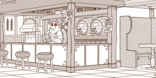 anthro bar beak clothed clothing container feathered_wings feathers furniture looking_at_viewer male smile tavern text wings drxii mythology grimm_(grimmagent) avian gryphon mythological_avian mythological_creature digital_media_(artwork) english_text hi_res