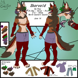 anthro bulge clothing detailed_bulge horn male nipples open_mouth pawpads paws purple_eyes solo text underwear chelfoxart skorvold canid canine canis coyote mammal 1:1 english_text hi_res model_sheet