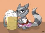 alcohol barefoot barmaid beer beverage blue_eyes clothed clothing dirndl feet female feral fur grey_body grey_fur holding_object looking_at_viewer micro simple_background smile solo raph13th cartoon_hangover doctor_lollipop coco_(doctor_lollipop) mammal procyonid raccoon 4:3 hi_res