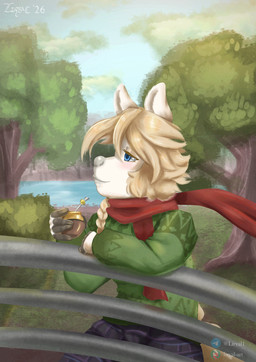 anthro blush clothed clothing female mate_(beverage) nature outside plant pullover river scarf smile solo tree young liryal tilcara_(liryal) alpaca camelid mammal absurd_res hi_res