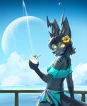 accessory clothing eyewear female flower flower_in_hair glasses hair hair_accessory heart_symbol horn looking_at_viewer pina_colada planet plant pylon sea solo stripes water whiskers yttrium_(artist) holly_(yttrium) biyokant canid canine hybrid mammal hi_res