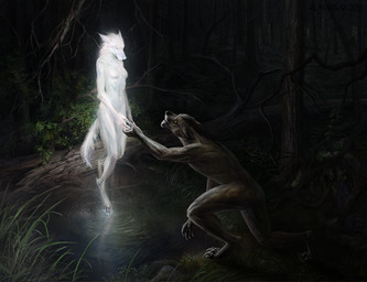 4_toes 5_fingers amazing_background anthro breasts detailed_background digitigrade duo feet female fingers forest fur leaf levitating male nature night nude outside plant standing toes tree water white_body white_fur wood yellow_eyes alaiaorax mythology canid canine canis mammal mythological_canine mythological_creature spirit werecanid werecanine werecreature werewolf wolf 2019 detailed hi_res