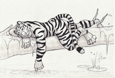 anthro claws closed_smile finger_claws fur lying male male_anthro markings mouth_closed nude on_front one_eye_closed side_view smile solo striped_arms striped_body striped_fur striped_legs striped_markings striped_tail stripes tail tail_markings toe_claws water whiskers hufnaar felid mammal pantherine tiger 2018 dated hi_res monochrome sketch