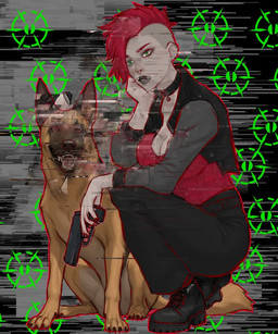 boots breasts choker clothing duo ears_up female feral footwear gun holding_gun holding_object holding_ranged_weapon holding_weapon jewelry looking_at_viewer male male/female necklace open_mouth ranged_weapon shoes sitting sitting_on_ground teeth teeth_showing weapon roli_poli canid canine canis domestic_dog german_shepherd herding_dog human mammal pastoral_dog vampire 5:6