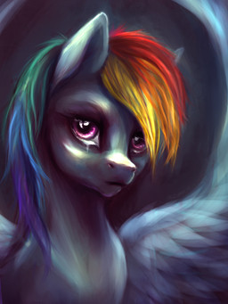 blue_body blue_feathers blue_fur bodily_fluids crying feathered_wings feathers female feral fur hair looking_aside multicolored_hair pink_eyes rainbow_hair solo spread_wings tears wings kreativpony friendship_is_magic hasbro my_little_pony mythology rainbow_dash_(mlp) equid equine mammal mythological_creature mythological_equine pegasus 3:4 bust_portrait digital_media_(artwork) hi_res portrait