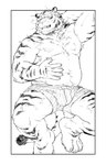 anthro blush bulge clothed clothing embarrassed hand_on_belly looking_at_viewer lying male on_back one_eye_closed slightly_chubby slightly_chubby_anthro slightly_chubby_male solo tail underwear underwear_only beau_(artist) felid mammal pantherine tiger 2023 hi_res monochrome