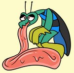 big_tongue bodily_fluids embarrassed hyper hyper_tongue larger_male long_tongue male saliva saliva_on_tongue simple_background size_difference solo tongue tongue_fetish tongue_out yellow_background pechaberry hanna-barbera space_ghost_(series) zorak_(space_ghost) alien arthropod dokarian insect hi_res