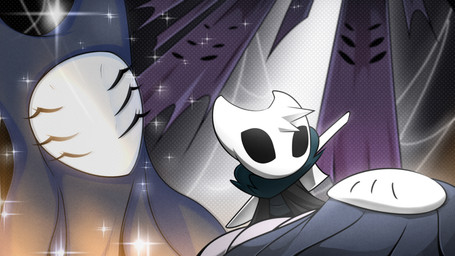 6_eyes ambiguous_gender banner clothing duo eyelashes eyes_closed female hood looking_at_another mask melee_weapon multi_eye nail_(weapon) sparkles weapon weapon_on_back negasimon hollow_knight_(franchise) team_cherry herrah_(hollow_knight) arthropod vessel_(species) 16:9 2025 absurd_res hi_res widescreen