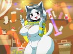 anthro areola bottomless breasts clothed clothing clothing_lift female front_view genitals hair heart_symbol kemono nipples open_mouth partially_clothed pink_areola pink_nipples pussy shirt shirt_lift solo standing thick_thighs topwear white_body nikuq_owata undertale undertale_(series) temmie_(undertale) canid canine felid feline mammal tem portrait three-quarter_portrait