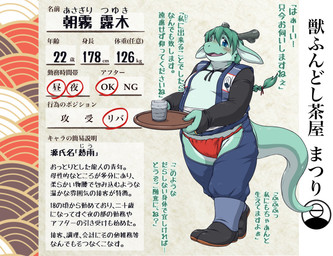 anthro asian_clothing breasts camel_toe clothing countershade_face countershading east_asian_clothing fundoshi green_body green_hair hair japanese_clothing kemono male medium_breasts non-mammal_breasts overweight overweight_anthro overweight_male red_clothing red_fundoshi red_underwear solo text underwear tsuchinoko_(artist) tsuyuki_asagiri hi_res japanese_text translation_request