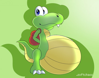 after_vore anthro anthro_pred backpack belly big_belly blue_eyes claws duo green_arms green_background green_body green_legs green_tail looking_at_viewer male red_backpack simple_background tail tan_belly vore white_claws softchaos croc_(series) crocodile crocodilian reptile scalie 2026 hi_res watermark