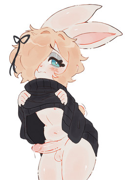 accessory anthro balls belly black_clothing black_ribbon black_sweater black_topwear blonde_hair blue_eyes blush bodily_fluids bow_ribbon clothed clothing clothing_lift dripping embarrassed erection eyebrows eyelashes eyeshadow femboy flashing fur genital_fluids genitals hair hair_accessory hair_bow hair_over_eye hair_ribbon makeup male navel nipples nude_male oversized_clothing penis precum precum_drip ribbons scut_tail short_hair short_tail shy solo squiggle_mouth strawberry_blonde sweater tail tail_motion tailwag tan_body tan_fur thick_thighs topwear turtleneck young young_male cherryvly lagomorph leporid mammal rabbit hi_res