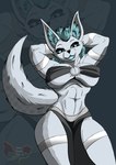 abs anthro big_breasts bottomwear breasts clothed clothing egyptian female female_anthro fur hair half-closed_eyes looking_at_viewer muscular muscular_anthro narrowed_eyes open_mouth presenting presenting_breasts seductive simple_background smile solo tail teeth thick_thighs topwear white_body white_fur little_scarlet_rose egyptian_mythology middle_eastern_mythology mythology hedj_(little_scarlet_rose) anubian_jackal canid canine canis deity jackal mammal mythological_creature digital_drawing_(artwork) digital_media_(artwork) halftone hi_res