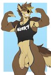 anthro balls big_penis biped bottomless bottomless_anthro bottomless_male brown_body brown_fur clothed clothing countershade_face countershade_fur countershade_torso countershading eyebrows flexing flexing_bicep flexing_both_biceps foreskin fur genitals humanoid_genitalia humanoid_penis male muscular muscular_anthro muscular_male penis piercing shirt solo tank_top text text_on_clothing text_on_shirt text_on_tank_top text_on_topwear topwear lukiro bardic_(bardicrj) canid canine canis coyote mammal hi_res