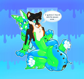 absorption_vore anthro blue_body blue_eyes blue_fur bound brown_body brown_fur conjoined dripping duo encasement fur glistening goo_transformation green_body green_fur latex male male/male markings melting merging mind_control orange_body orange_fur pawpads ringed_eyes smile speech_bubble striped_markings stripes text tongue tongue_out transformation vore that_alpaca jayjay_idingo kulza bassariscus canid canine canis dingo goo_creature living_latex mammal procyonid ring-tailed_cat english_text hi_res