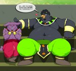 anthro beak belly black_body black_feathers dialogue duo feathers flirting male male/male navel overweight overweight_male purple_body sitting text arty_stu dragon_ball dragon_ball_super arty_stu_(fursona) champa alien avian bird english_text hi_res