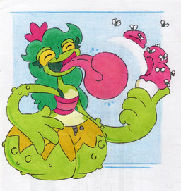 anthro blue_background dessert female food green_body green_hair hair ice_cream simple_background solo thick_thighs tongue tongue_out wide_hips yellow_sclera shar0makai amphibian arthropod fly_(animal) frog insect 2024 absurd_res hi_res traditional_media_(artwork)