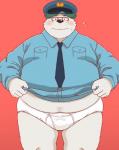 anthro blush briefs clothed clothing clothing_lift embarrassed fur hat headgear headwear humanoid_hands male necktie overweight overweight_anthro overweight_male police red_background shirt shirt_lift simple_background solo tighty_whities topwear underwear white_body white_briefs white_clothing white_fur white_underwear sv_grart bear mammal 2019 hi_res