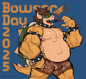anthro armlet bracelet bulge clothed clothing collar eyebrows facial_hair fire goatee hair horn jewelry male musclegut muscular overweight shell sideburns simple_background solo spiked_bracelet spikes star tail text underwear underwear_only blousquidly mario_bros nintendo bowser koopa scalie 2025 artist_name hi_res