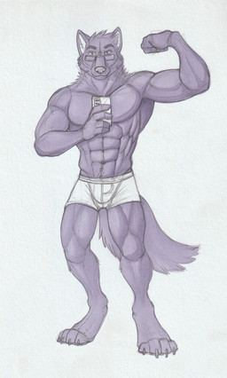 abs anthro bulge cheek_tuft claws clothed clothing digitigrade electronics eyewear facial_tuft flexing flexing_bicep front_view glasses head_tuft holding_object holding_phone looking_at_viewer male male_anthro mouth_closed muscular muscular_anthro muscular_male neck_tuft pecs phone pose purple_body purple_tail rectangular_glasses simple_background solo standing tail toe_claws topless tuft white_background hufnaar canid canine mammal absurd_res full-length_portrait hi_res partially_colored portrait