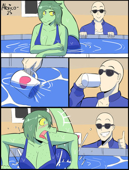 anthro bald blush clothing container cup drinking eyewear female gesture hand_gesture humor joke male pool sunglasses swimwear thumbs_up thecooleralexico_(artist) cavemanon_studios i_wani_hug_that_gator inco_(iwhtg) olivia_halford alligator alligatorid crocodilian human mammal reptile scalie 2025 comic digital_drawing_(artwork) digital_media_(artwork) hi_res meme signature tagme