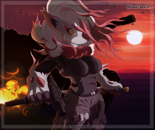 aircraft airplane anthro armor armored_vehicle blast breasts cannon clothing detailed_background female fur katana melee_weapon ranged_weapon red_body red_fur red_sky sky solo sun sunset sword tank_(vehicle) vehicle war weapon white_body white_fur yellow_eyes nachitamajr nintendo pokemon pokemon_legends_arceus canid canine generation_8_pokemon hisuian_form hisuian_zoroark mammal pokemon_(species) regional_form_(pokemon) hi_res
