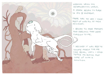 ambiguous_gender avian_feet blue_gem cloud detailed_background dot_eyes eyeball feral floating forehead_gem fur gem green_text group handpaw looking_at_another looking_at_object lore mouthless noseless paws pink_grass roots scutes simple_eyes sparkles tail text white_body white_fur white_tail jejejunum secret_(jejejunum) fraid_(species) spirit 2025 comic digital_drawing_(artwork) digital_media_(artwork) english_description english_text hi_res one_panel_comic