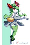 accessory clothed clothing cooking cosplay female flower flower_in_hair food footwear green_clothing green_footwear green_hair green_shoes grey_clothing hair hair_accessory pink_flower plant red_eyes shoes smile solo white_body lucyfercomic nintendo pokemon mallow_(pokemon) generation_3_pokemon humanoid kirlia pokemon_(species) 2:3 absurd_res full-length_portrait hi_res portrait