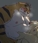 anthro belly belly_grab big_belly black_nose blush bodily_fluids duo eyes_closed kemono male moobs nipples overweight overweight_male simple_background sweat hon55728 felid mammal pantherine tiger 2024 hi_res