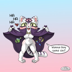 3_eyes anthro breasts cape clothing dialogue facial_markings female flashing head_markings laugh logo markings multi_eye pink_sclera potion purple_eyes shortstack shortstack_female simple_background solo speech_bubble tail tail_markings text white_body yellow_sclera mortimer_todd walpurrgis_the_sinner_(sinfulwalpurrgis) domestic_cat felid feline felis mammal 1:1 2020 artist_logo digital_media_(artwork) english_text signature