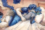 amber_eyes anthro arm_around_partner athletic athletic_anthro athletic_male bite biting_another biting_partner black_body black_fur black_nose blue_body blue_boxer_briefs blue_clothing blue_fur blue_hair blue_underwear bottomwear boxer_briefs clothed clothing collar countershade_face countershading cuddling duo fluffy fluffy_tail fur green_eyes grey_boxer_briefs grey_clothing grey_shirt grey_t-shirt grey_topwear grey_underwear hair lying male male/male neck_bite on_top open_mouth partially_clothed partially_clothed_male pillow pillow_grab shirt slim_male spooning t-shirt tail tan_body tan_fur topwear under_covers underwear underwear_only white_body white_fur akatan_art kibble_(kibble) canid canine canis domestic_dog fox mammal 2024 hi_res signature traditional_media_(artwork)