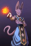 5_fingers anthro claws clothing fingers fire male purple_body simple_background solo jourd4n dragon_ball dragon_ball_super beerus felid feline mammal 2022 2:3 hi_res