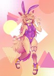 2023 amber_(space_leaper) anthro blue_eyes breasts bunny_costume canid canine canis clip_studio_paint_(artwork) clothed clothing costume digital_drawing_(artwork) digital_media_(artwork) eyebrow_through_hair eyebrows fake_ears fake_rabbit_ears female female_anthro footwear full-length_portrait fur geometric_background gesture glistening glistening_clothing hair halftone hi_res hindpaw humanoid_hands inner_ear_fluff jackal leotard long_hair looking_at_viewer mammal onigiriad paws plantigrade portrait purple_clothing purple_leotard shaded shoes simple_background soft_shading solo space_leaper tail tan_body tan_fur tan_hair tan_inner_ear_fluff translucent translucent_hair tuft waving waving_at_viewer