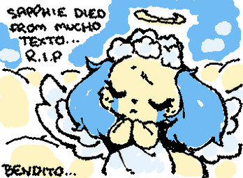ambiguous_anthro ambiguous_gender anthro black_text blue_body blue_ears bodily_fluids clothed clothed_ambiguous clothed_anthro clothing crying dialogue dress ellipsis eyes_closed featureless_hands flower flower_crown frown halo hands_together humor mouth_closed multicolored_body plant praying r.i.p. sad solo squigglevision tears text two_tone_body wings yellow_body ligma_(artist) jewelpet sanrio sega sega_fave sapphie_(jewelpet) angel bird_dog canid canine canis cavalier_king_charles_spaniel domestic_dog hunting_dog mammal spaniel toy_dog 2025 2d_animation animated archived_source digital_drawing_(artwork) digital_media_(artwork) english_text handwritten_text low_res spanish_text wigglypaint_(artwork) female_(lore)