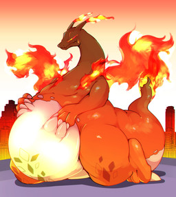3_fingers 3_toes ambiguous_gender belly belly_markings big_belly biped city cityscape claws countershade_torso countershading feet feral finger_claws fingers fire flaming_tail flaming_wings gradient hand_on_belly huge_thighs kneeling macro markings membrane_(anatomy) membranous_wings multicolored_body narrowed_eyes obese obese_ambiguous obese_feral orange_body outside overweight overweight_ambiguous overweight_feral semi-anthro solo tail thick_tail thick_thighs toe_claws toes unusual_anatomy unusual_wings white_body white_claws white_countershading wings cosith mythology nintendo pokemon dragon generation_8_pokemon gigantamax_charizard gigantamax_pokemon mythological_creature mythological_scalie pokemon_(species) reptile scalie 2019 digital_media_(artwork) hi_res shaded