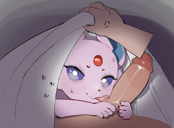 ambiguous_gender angry bestiality black_nose blush bodily_fluids duo erection eyebrows feral fingers first_person_view forehead_gem fur gem genitals glans human_on_feral human_pov humanoid_genitalia humanoid_penis interspecies licking looking_at_viewer male male_human male_pov oral paws penile penis penis_lick pink_body pink_fur pokephilia purple_sclera sex sweat tongue under_covers white_eyes skeleton265 nintendo pokemon eeveelution espeon generation_2_pokemon human mammal pokemon_(species)
