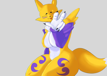anthro big_breasts biped breasts countershading dipstick_tail double_tomoe eyes_closed female female_anthro fur gesture hand_gesture markings purple_markings sitting smile solo tail tail_markings thick_thighs tomoe_(symbol) tongue tongue_out white_body white_countershading white_fur win-victory-love yellow_body prizeoa bandai_namco digimon canid canine digimon_(species) mammal renamon absurd_res hi_res