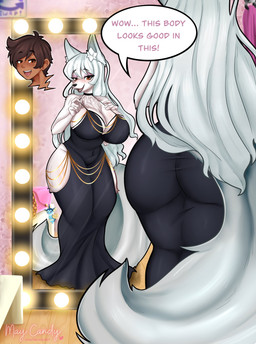5_fingers anthro big_breasts big_butt black_clothing black_dress blush body_swap breasts butt cleavage clothed clothing crossgender curvy_figure dialogue dress female fingers fur grey_hair hair hand_on_chest inside lidded_eyes long_hair looking_at_mirror looking_at_object male mirror red_eyes smile solo speech_bubble tail white_body white_fur wide_hips maybilecandy hollow_hip_backless_chain_dress nintendo pokemon axel_(poke789) felica_(poke789) canid canine fox human mammal 2024 digital_media_(artwork) hi_res signature
