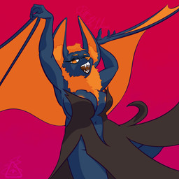 anthro areola areola_slip bat_wings big_breasts black_body black_fur breasts clothing dress female fur hair hands_up long_dress looking_at_viewer membrane_(anatomy) membranous_wings navel neck_tuft open_mouth orange_areola orange_hair raised_leg simple_background solo teeth tuft winged_arms wings pitta_the_italian hema_(pitta_the_italian) bat mammal 1:1 hi_res