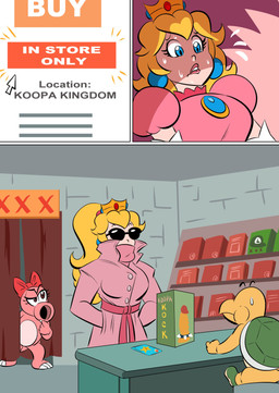 accessory anthro armwear biting_lower_lip blonde_hair bodily_fluids bow_ribbon buying clothed clothing coat cock_ring computer credit_card crown dildo dress eggplant_emoji elbow_gloves electronics emoji eyewear female female_human genitals gloves group hair hair_accessory hair_bow hair_ribbon handwear headgear human_focus humanoid_genitalia humanoid_penis humor jewelry laptop light_bulb male not_furry_focus online_shopping penis penis_accessory penis_jewelry plug_(sex_toy) ribbons scarf sex_shop sex_toy spiked_cock_ring spikes sunglasses surprised sweat sweatdrop text topwear trenchcoat xxx glassfish mario_bros nintendo birdo_(character) princess_peach birdo dinosaur human koopa koopa_troopa mammal pink_birdo prehistoric_species reptile scalie turtle 2024 absurd_res comic digital_drawing_(artwork) digital_media_(artwork) english_text hi_res