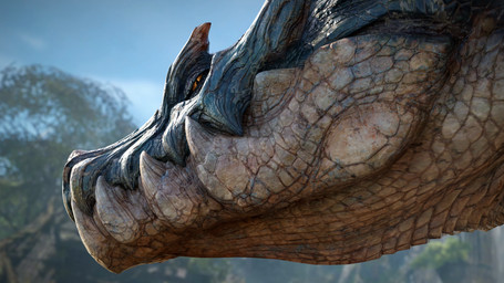 ambiguous_gender blue_body blue_scales detailed_background feral half-closed_eyes looking_at_viewer looking_back looking_back_at_viewer narrowed_eyes orange_eyes outside plant pupils scales slit_pupils smug solo tan_body tan_scales tree ivorylagiacrus pb472 capcom monster_hunter lagiacrus leviathan_(mh) scalie 16:9 2025 3d_(artwork) 4k absurd_res artist_collaboration blender_(artwork) blender_cycles_(artwork) digital_media_(artwork) headshot_portrait hi_res portrait widescreen female_(lore)