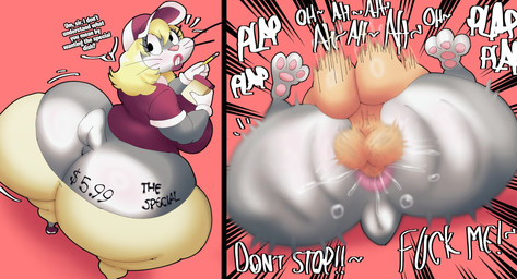 anal anal_penetration anthro balls big_butt bottomwear breasts butt clothed clothing crossdressing duo genitals grey_body huge_butt male pants penetration text yellow_body crowundeadcat looney_tunes warner_brothers bugs_bunny lagomorph leporid mammal rabbit comic english_text hi_res