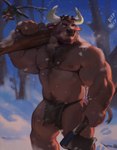 abs anthro arm_hair armpit_hair axe barazoku beard beep beeping belly belly_hair biceps big_biceps body_hair bottomwear brown_hair carrying_another chest_hair clothed clothing deltoids facial_hair forearm_hair forearms hair hairy happy_trail loincloth loincloth_only looking_back male manly muscular muscular_arms muscular_male navel nipples outside pecs plant shoulder_carry shoulder_hair snow snowing solo topless tree triceps winter marius_tygo european_mythology greek_mythology mythology itreyu bovid bovine cattle mammal minotaur 2025 absurd_res hi_res