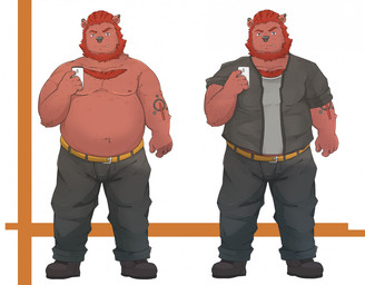anthro belly bottomwear cellphone clothing electronics humanoid_hands kemono male moobs nipples overweight overweight_anthro overweight_male pants phone shirt smartphone solo topwear andikapatok mammal suid suine sus_(pig) wild_boar 2015 model_sheet
